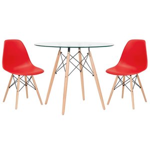 KIT - Mesa Eames com tampo de vidro 90 cm + 2 cadeiras Eiffel DSW Vermelho