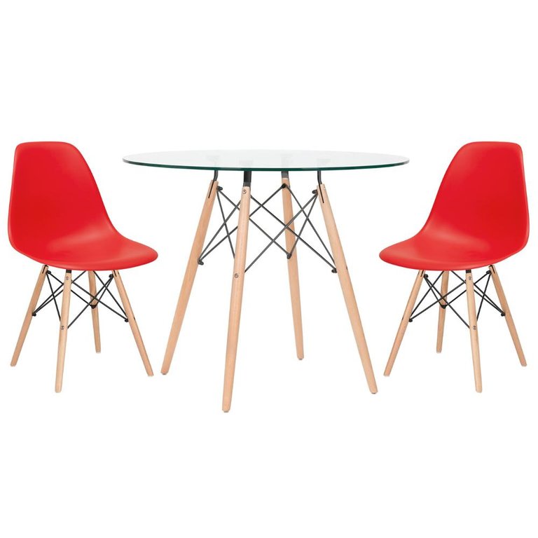 KIT - Mesa Eames com tampo de vidro 90 cm + 2 cadeiras Eiffel DSW Vermelho KIT - Mesa Eames com tampo de vidro 90 cm + 2 cadeiras Eiffel DSW Vermelho