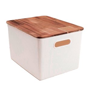 Caixa Organizadora 23l de Plástico com Tampa de Madeira Acácia - Oikos