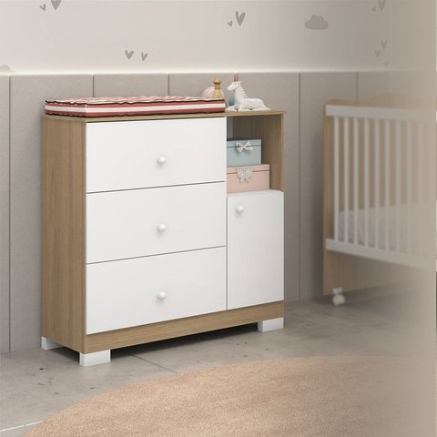 Cômoda Infantil Flofy com Pés, 1 Porta, 3 Gavetas com Corrediças Telescópica Marrom/Marromle