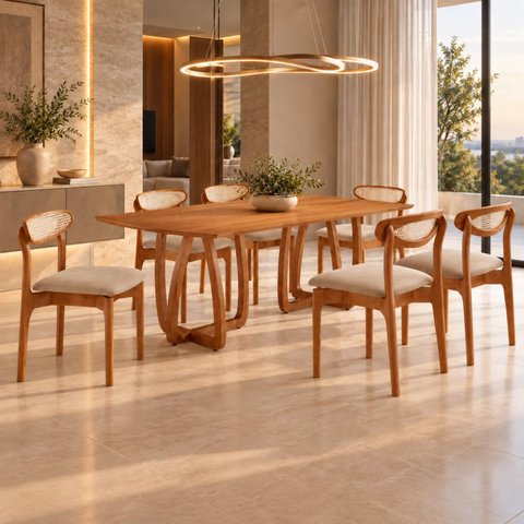 Conjunto de Mesa de Jantar Ello Tampo 180cm Barril Laminado com 6 Cadeiras Mônaco Premium