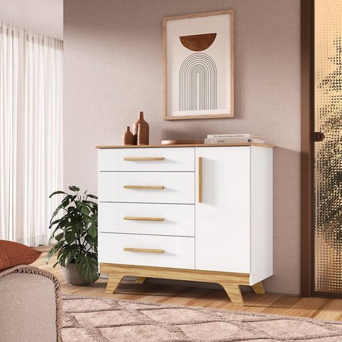 Cômoda 1 Porta e 4 Gavetas 100% MDF Kakau Retrô Yescasa Branco/Amêndoa