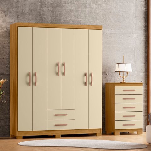 Guarda-Roupa Casal 6 Portas 2 Gavetas e Cômoda 5 Gavetas Itapema Off White/Carvalho Americano