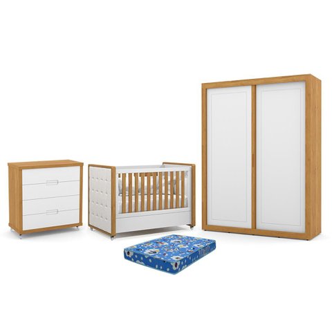 Dormitório Tutto New 2 Portas, Cômoda 4 Gavetas e Berço Branco Soft/freijó com Capitonê e Colch