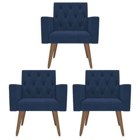 Kit 3 Poltronas Capitonê Confortáveis Loja Recepção Sala Azul-marinho