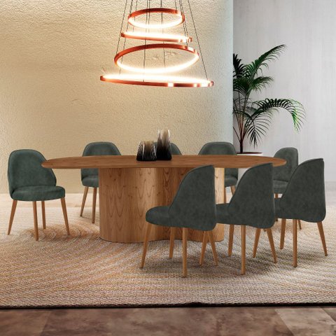 Mesa de Jantar Suiça 220cm Madeira Tampo Laminado Orgânico com 8 Cadeiras Suiça
