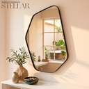 Ver imagem 2 de Espelho Geométrico Stellar 70x50cm Orgânico Couro Ecológico Decorativo Sala Banheiro Moderno:Preto