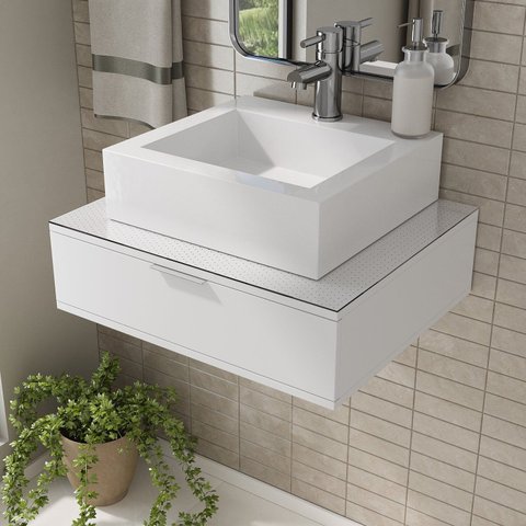 Bancada Blu 60cm com Vidro com Rasgo e Cuba Quadrato Branco Bumi