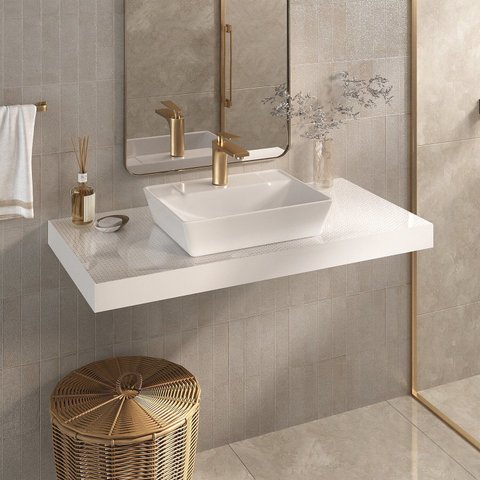 Bancada Yes 100cm com Vidro com Furo e Cuba Charlô Branco Bumi