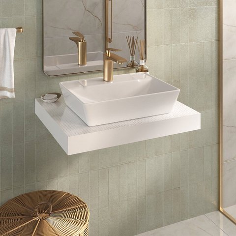 Bancada Yes 60cm com Vidro com Furo e Cuba Charlô Branco Bumi