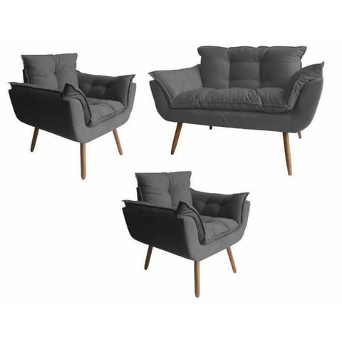 Kit Namoradeira + 2 Poltronas Decorativa Opala Suede Cinza - Twdecora
