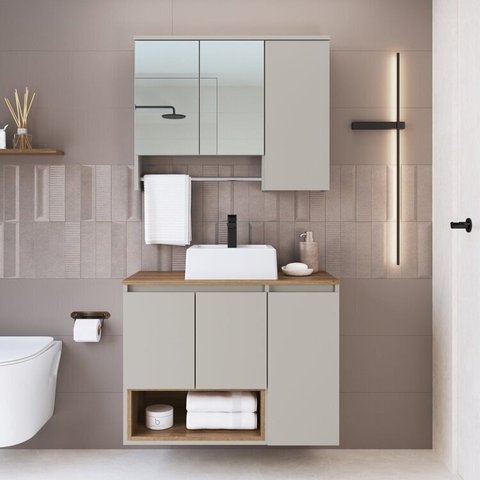 Conjunto para Gabinete Suspenso 80cm com Cuba e Espelheira 3 Portas com Toalheiro Olívia