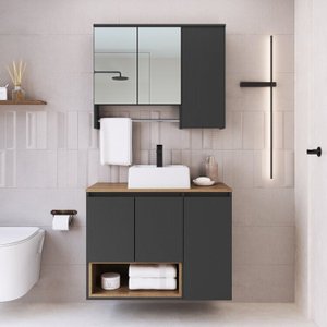 Conjunto para Gabinete Suspenso 80cm com Cuba e Espelheira 3 Portas com Toalheiro Olívia