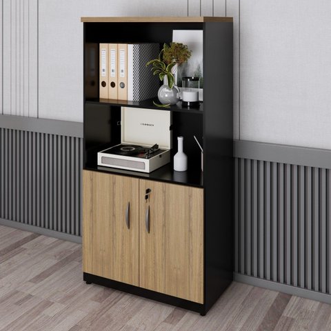 Armário para Escritório Multiuso Aberto Alto com Chave Yescasa Marrom/Amadeirado/Preto