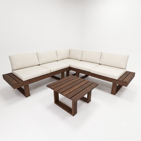 Conjunto Sofá Modular em Madeira Maciça Nogueira com Mesa de Centro