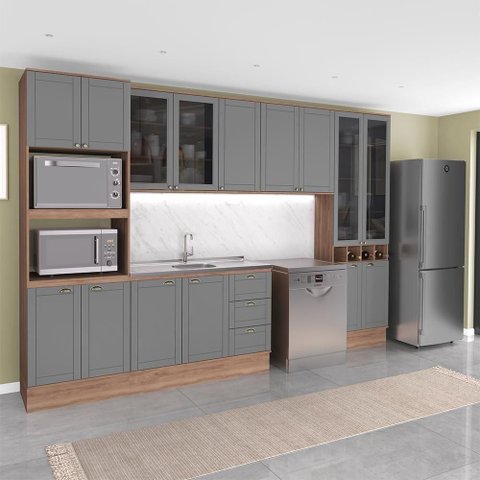 Cozinha Completa com Balcão Milla Treviso 15 Portas 3 Gavetas MDF-MDP 340cm Nogal com Cinza Titâ