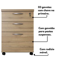 Gaveteiro 3 Gavetas com Chave Espresso Móveis - 8