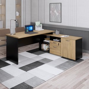 Mesa para Escritório em L  com Armário Lateral Pé Painel 170x150cm Tampo 30mm