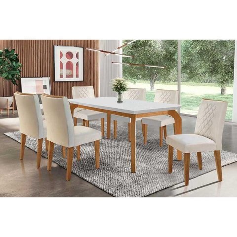 Conjunto: Mesa de Cozinha Londrina C/ Tampo Madeirado Canto Reto 180x90cm e 6 Cadeiras Jade Imbuia-