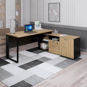 Mesa para Escritório em L  com Armário Lateral Pé Quadro 170x150cm Tampo 30mm