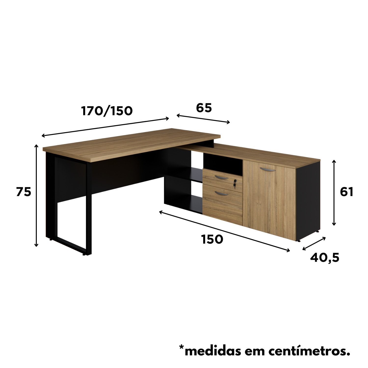 Mesa para Escritório Diretor em L Dinâmica com Armário Lateral Pé Metálico - 11