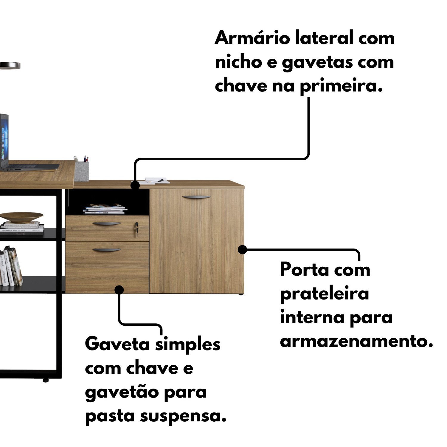 Mesa para Escritório Diretor em L Dinâmica com Armário Lateral Pé Metálico - 9