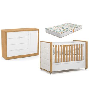 Berço Americano Capitonê New Boucle e Cômoda Infantil Tutto New Freijó Branco Acetinado e Colch