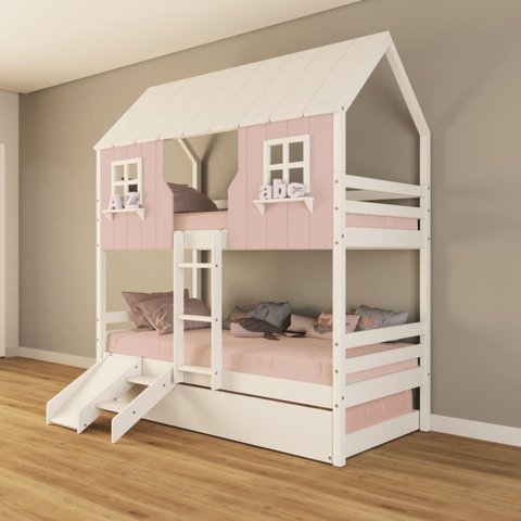 Treliche Casinha Encantada com Kit Escada/ Escorregador Madeira Maciça Rosa/ Branco Housin