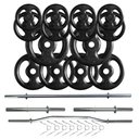 Ver imagem 1 de Kit 60 Kg de Anilhas Ferro + 02 Barras de 40cm + Barra W + Barra 120m