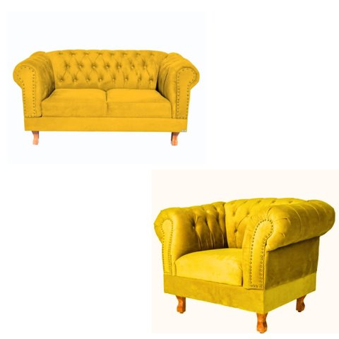 Uma Namoradeira Duque Chesterfield Capitonê + Uma Poltrona Duque- Suede Amarelo