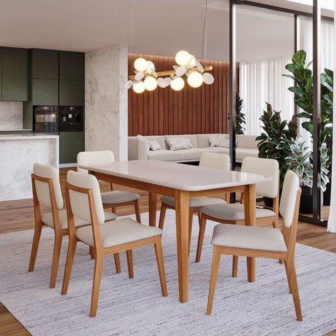 Conjunto Sala de Jantar 1 Mesa Tangará 160cm 6 Cadeiras Estofadas Miriti CabeCasa MadeiraOriginals Bege/Off White/Creme