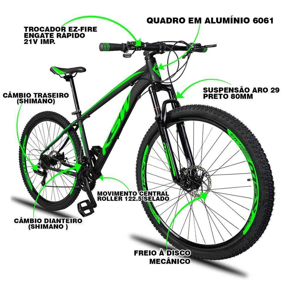 Bicicleta 21V Ksw Xlt Aro 29 Alumínio Câmbios Shimano 15" Preto/Verde - 23 - 3