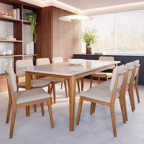 Conjunto Sala de Jantar 1 Mesa Tangará 210cm 8 Cadeiras Estofadas Miriti CabeCasa MadeiraOriginals