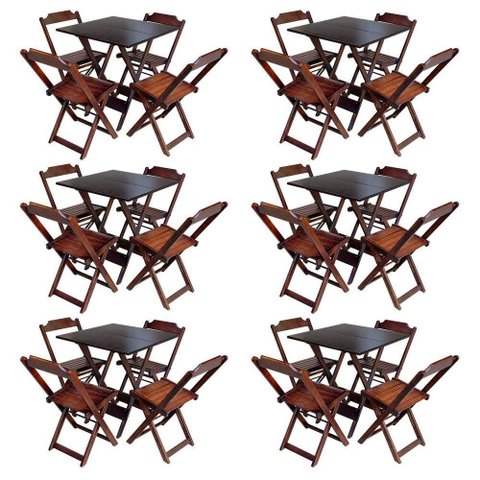 Kit 6 Conjuntos De Mesa Com 4 Cadeiras De Madeira Dobravel 70X70 Imbuia - Marrom