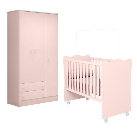 Berço Simples com Colchão Probel e Roupeiro 2617 para Quarto de Bebê Infantil Doce Sonho Rosa Qmovi