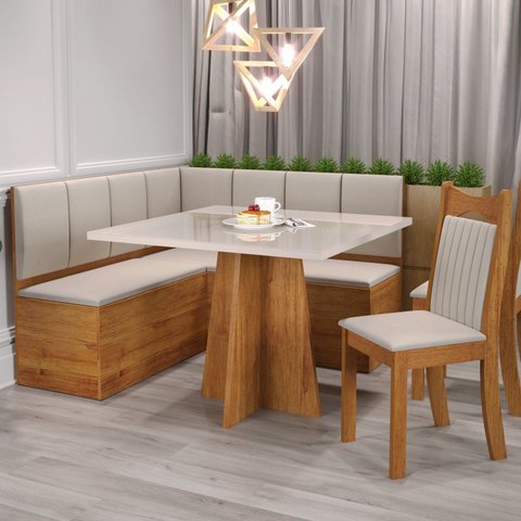 Conjunto Canto Alemão com Baú Trento Mesa Quadrada com Vidro 90x90 e 2 Cadeira Dallas em MDP/MDF Yescasa Bege/Mel/Marfim/Off White