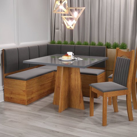 Conjunto Canto Alemão com Baú Trento Mesa Quadrada com Vidro 90x90 e 2 Cadeira Dallas em MDP/MDF Yescasa Cinza/Mel/Grafite