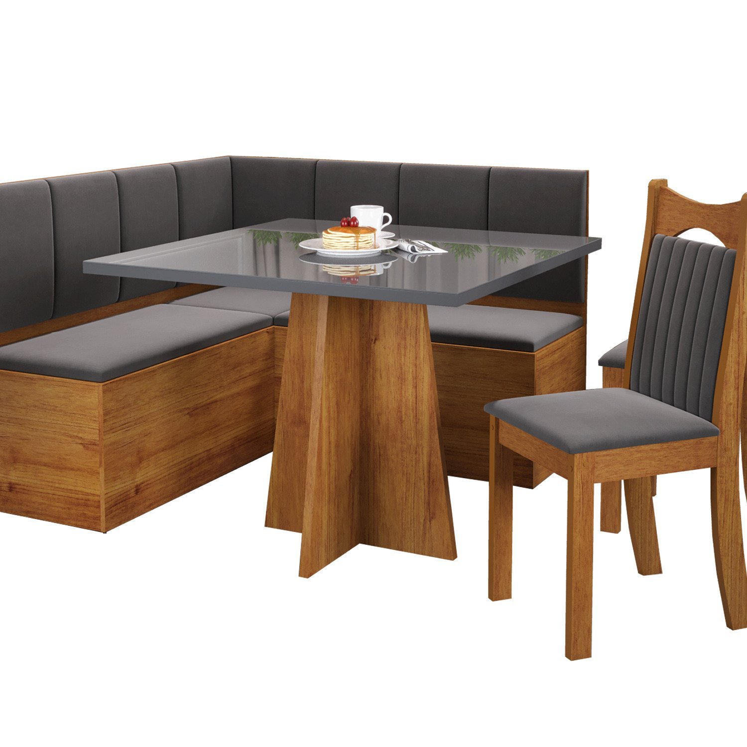 Conjunto Canto Alemão com Baú Trento Mesa Quadrada com Vidro 90x90 e 2 ...