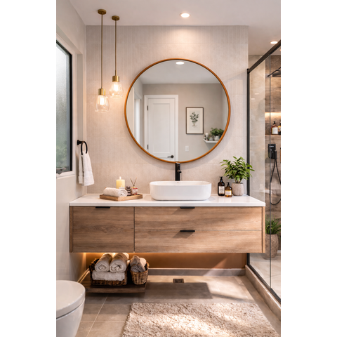 Espelho Redondo 60cm Moldura Couro Caramelo Luxo Banheiro Hall Quarto Sala