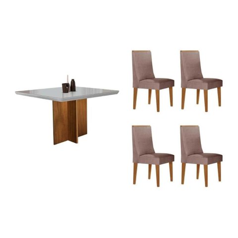 Sala de Jantar Completa Berlim C/ Tampo Madeirado C/ Vidro Canto Curvo 90x90cm e 4 Cadeiras Dakota