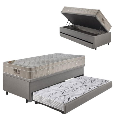 Bicama Box Baú 88x188 Courino Linho Cinza com Colchão Airtech Ortobom