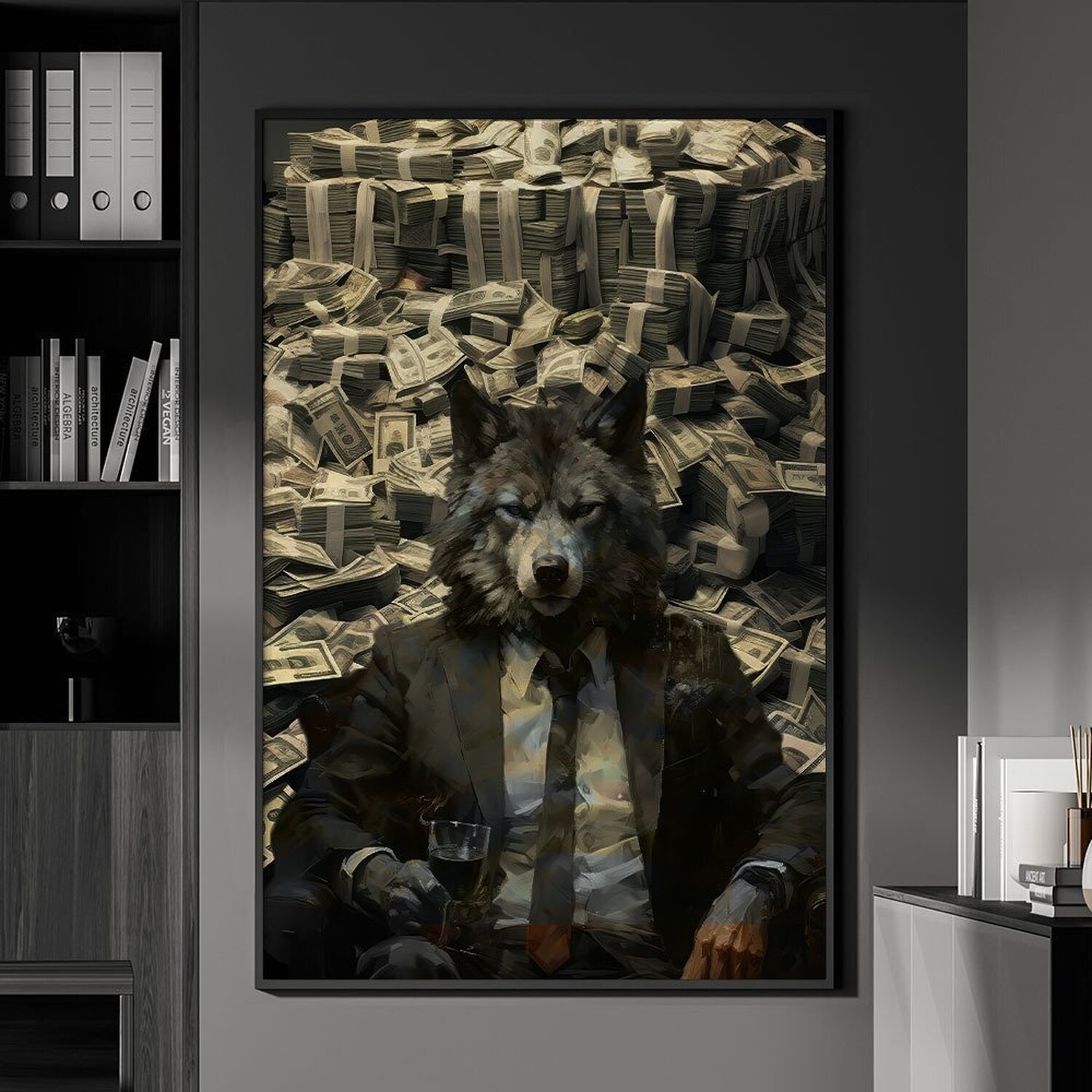 Quadro Decorativo 1 Tela Lobo com Dinheiro Diversos Tamanhos - 1
