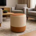 Ver imagem 3 de Puff Plus Banquinho Redondo Decorativo em Linho Base e Tampo Courino Bege/ Caramelo