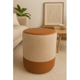 Puff Plus Banquinho Redondo Decorativo em Linho Base e Tampo Courino Bege/ Caramelo - 2