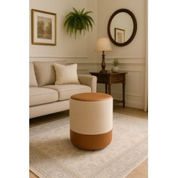 Puff Plus Banquinho Redondo Decorativo em Linho Base e Tampo Courino Bege/ Caramelo - 1