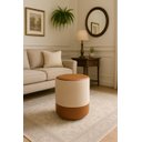 Ver imagem 1 de Puff Plus Banquinho Redondo Decorativo em Linho Base e Tampo Courino Bege/ Caramelo