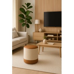 Puff Plus Banquinho Redondo Decorativo em Linho Base e Tampo Courino Bege/ Caramelo - 4