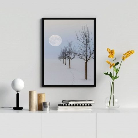 Quadro Paisagem Neve Árvores Lua 24x18cm - com Vidro:madeira Branca