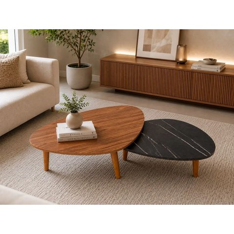 Kit 2 Mesa de Centro Orgânica Pé Palito Sala Luxo Moderna Preto/Amadeirado