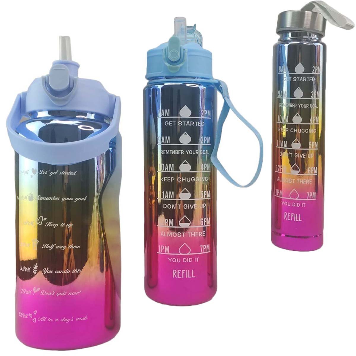 Garrafa Motivacional Metalica 2 Litros 900Ml 300Ml Kit 3 Uni Squeeze Agua Cha Viagem Passeio Academi